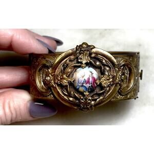 Antique Brass Engraved Victorian Cuff Bracelet porcelain Male Female Cameo Court